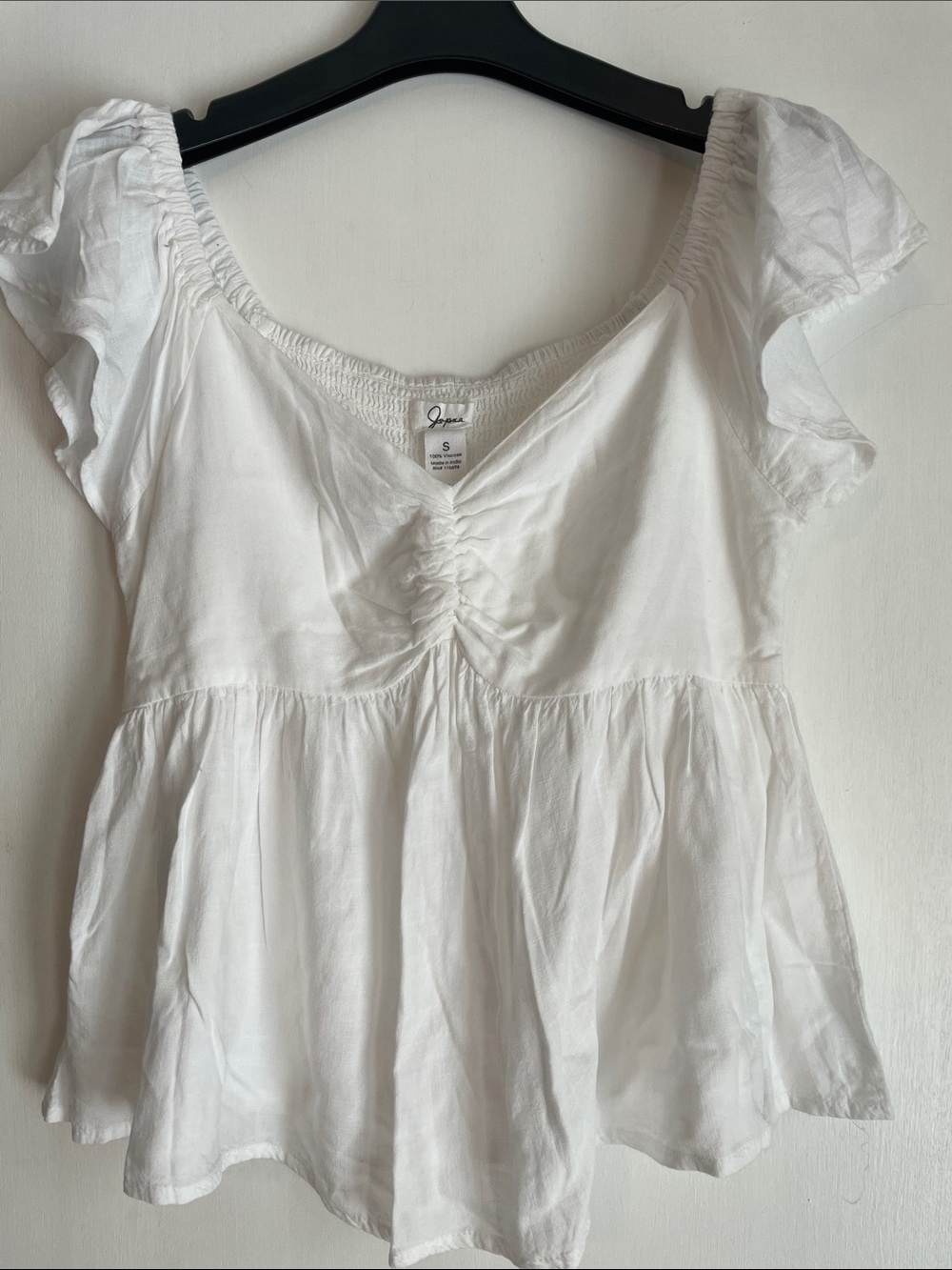 Japna White Ruched Peplum Flutter Sleeve Top